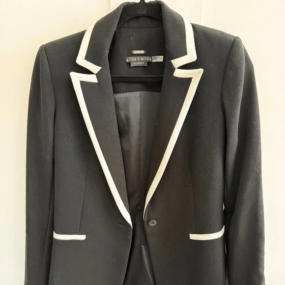 Alice + Olivia Breann Black Off White Piped Long Blazer Jacket Women's Size 2 - Picture 2 of 5